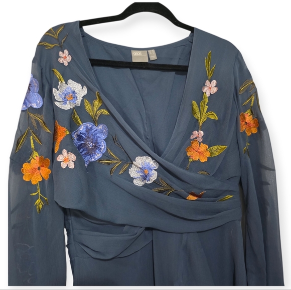 ASOS Blue Floral Embroidered Wrap Style Midi Dress US 12 - Picture 4 of 6